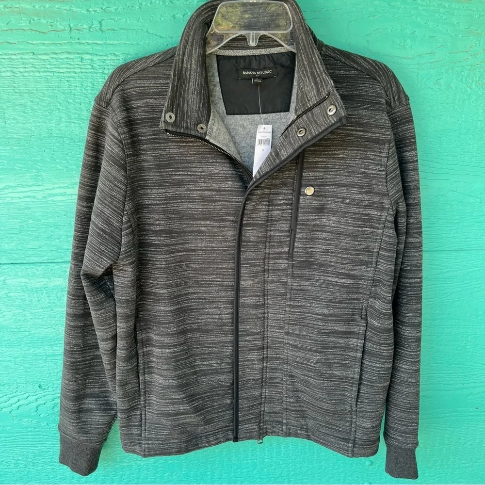 BANANA REPUBLIC SOFT FLEECE MARLED GRAY BLACK ZIPPER AND SNAP FRONT JACKET S NWT